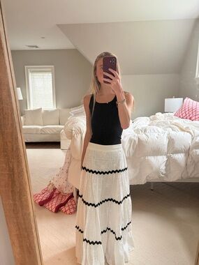 Women’s White Eyelet Maxi Skirt with Black Trim